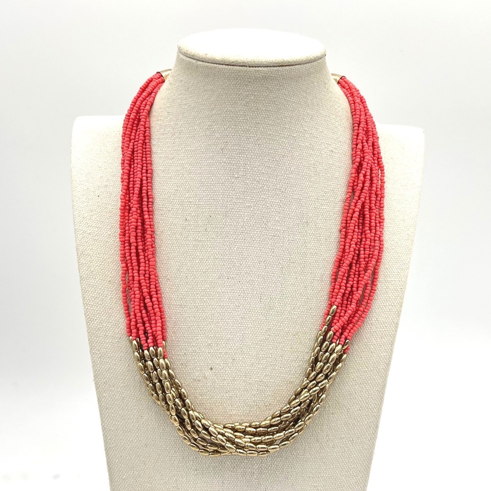 Pink and Gold Multi Strand Seed Bead Statement Necklace Adjustable